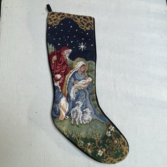 Vintage Nativity Needlepoint Christmas Stocking Hanging Holiday Decor